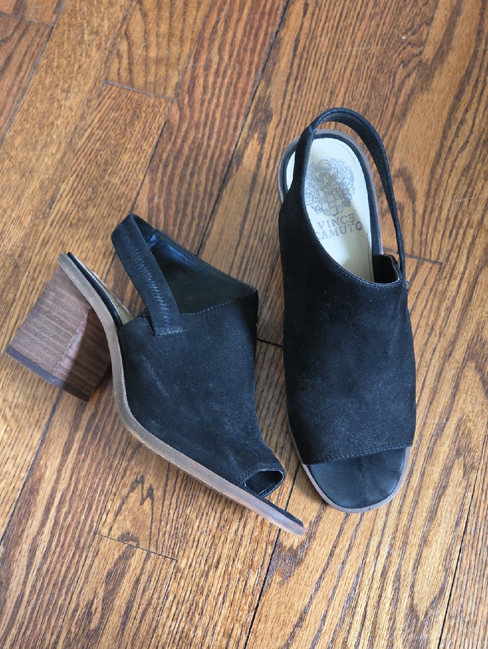 Vince Camuto Black Suede Open-Toe Slingback Block Heels